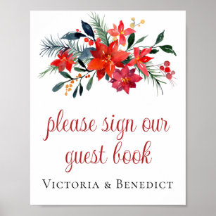 Red Christmas Poinsettia Wedding Guest Book Poster