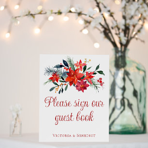 Red Christmas Poinsettia Wedding Guest Book Sign