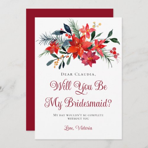 Red Christmas Poinsettia Will You Be My Bridesmaid Invitation