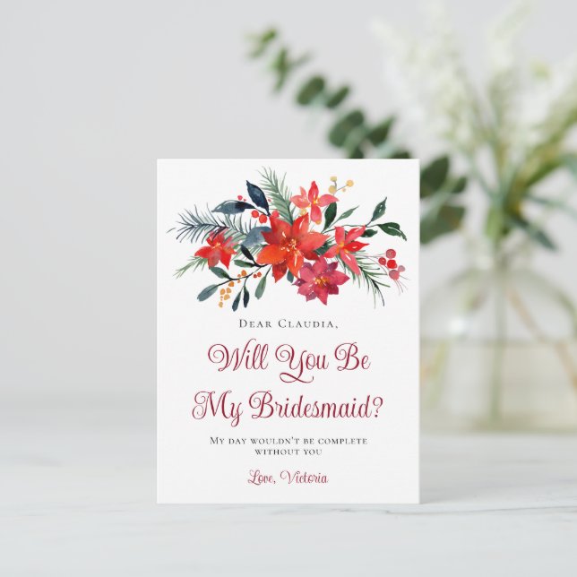 Red Christmas Poinsettia Will You Be My Bridesmaid Postcard (Standing Front)