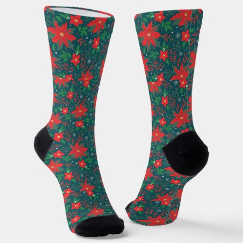 Red Christmas Poinsettia with Evergreens Pattern  Socks