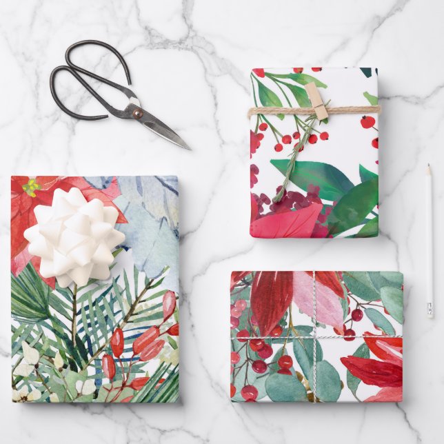 Red Christmas Poinsettia Wrapping Paper Sheets (Front)