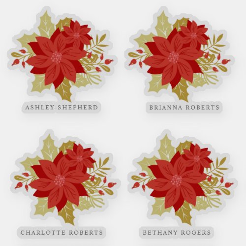 Red Christmas Poinsettias Bouquet with Names Sticker