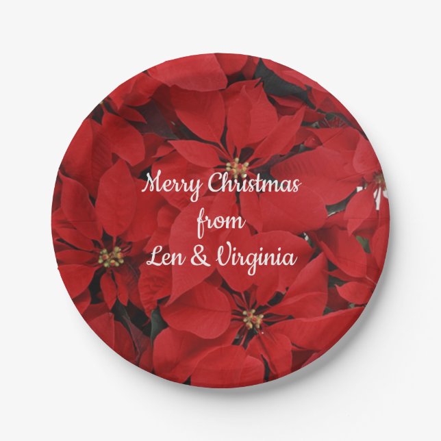Red Christmas Poinsettias, Merry Christmas Paper Plates (Front)