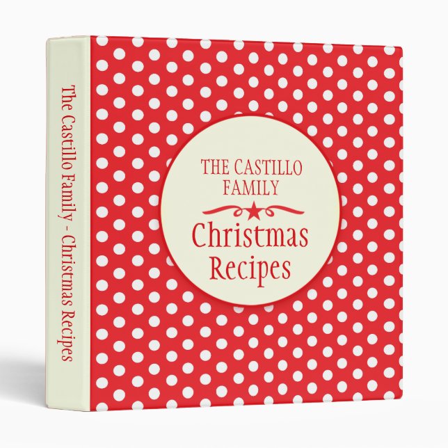 Red Christmas polka dot family recipe binder (Front/Spine)