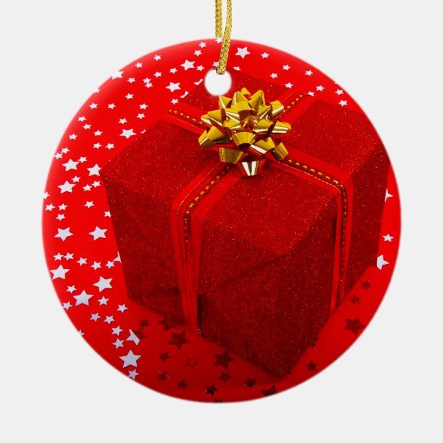 Red Christmas Present Box Ceramic Ornament (Front)