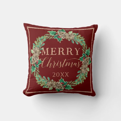 Red Christmas Proposal Wreath Holly Leaf Greenery Throw Pillow