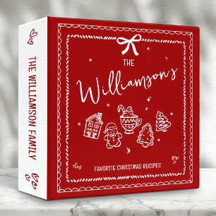Red Christmas Recipe Cookbook Hand Drawn Doodles 3 Ring Binder
