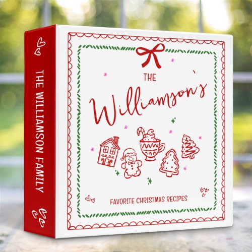 Red Christmas Recipe Cookbook Quirky Doodles White 3 Ring Binder