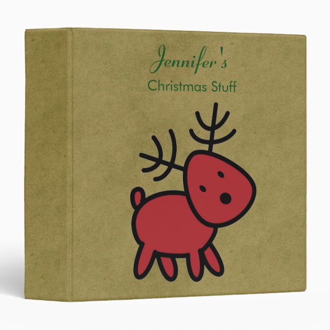 Red Christmas Reindeer Illustration 3 Ring Binder (Front/Spine)