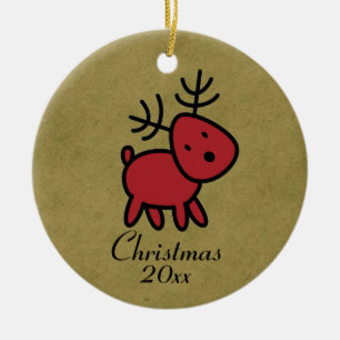 Red Christmas Reindeer Illustration Ceramic Ornament