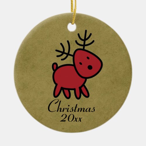 Red Christmas Reindeer Illustration Ceramic Ornament