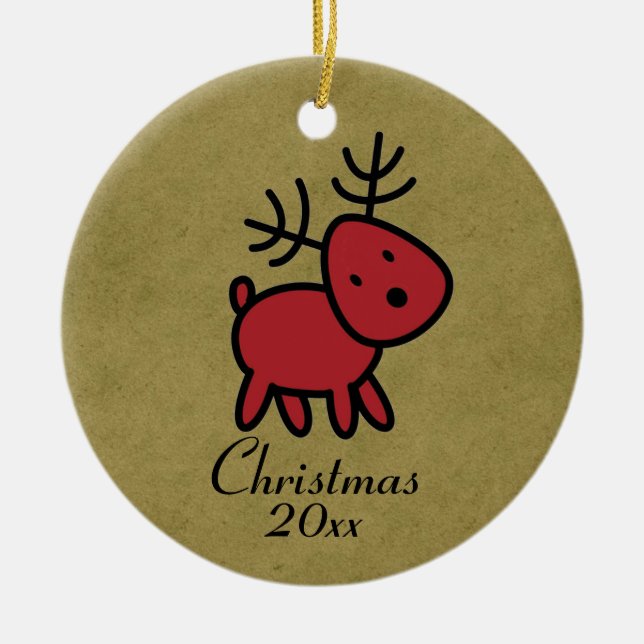 Red Christmas Reindeer Illustration Ceramic Ornament (Front)