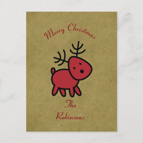 Red Christmas Reindeer Illustration Holiday Postcard