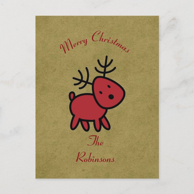Red Christmas Reindeer Illustration Holiday Postcard (Front)