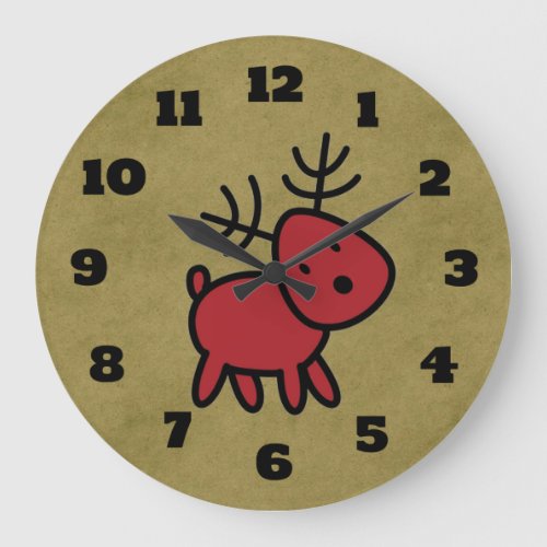 Red Christmas Reindeer Illustration Large Clock