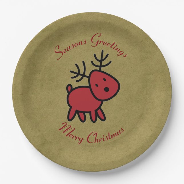 Red Christmas Reindeer Illustration Paper Plates (Front)