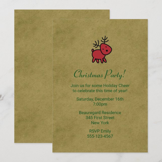 Red Christmas Reindeer Illustration Party Invite (Front/Back)