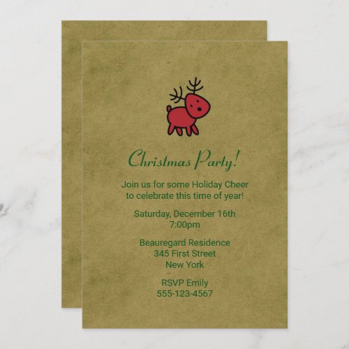Red Christmas Reindeer Illustration Party Invite