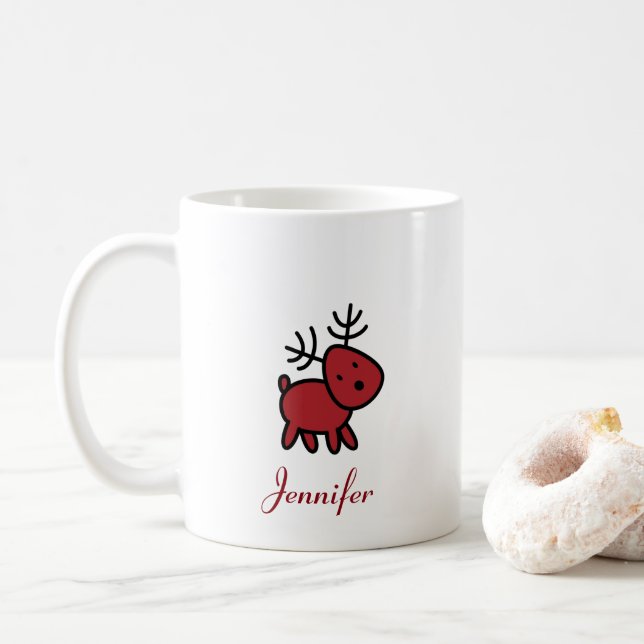 Red Christmas Reindeer Illustration Personalized Coffee Mug (With Donut)