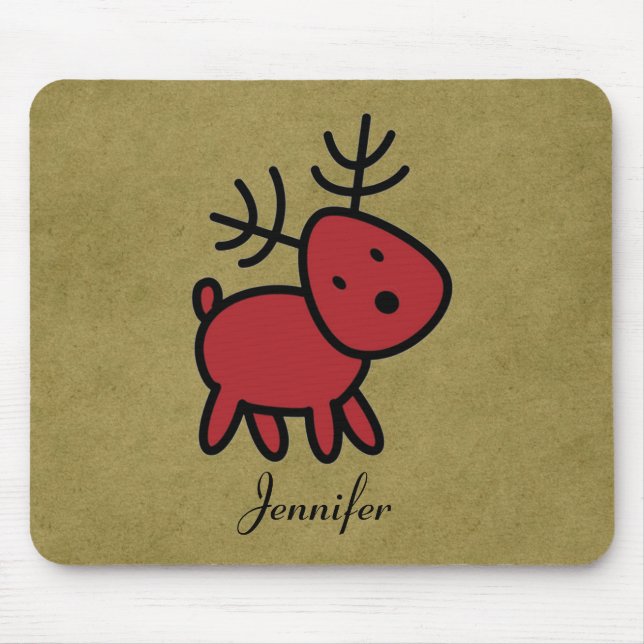 Red Christmas Reindeer Illustration Personalized Mouse Pad (Front)