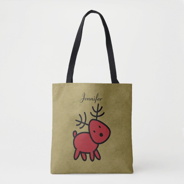 Red Christmas Reindeer Illustration Personalized Tote Bag (Front)