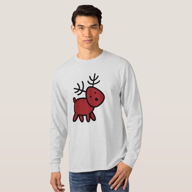 Red Christmas Reindeer Illustration T-Shirt (Front Full)