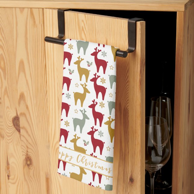 Red Christmas Reindeer Pattern#12 ID1009 Kitchen Towel (Thirds Fold)