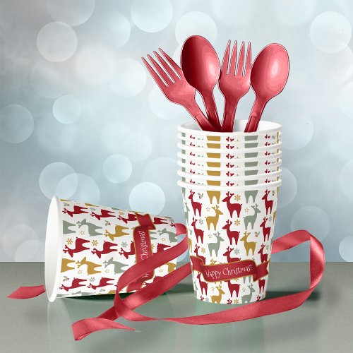 Red Christmas Reindeer Pattern12 ID1009 Paper Cups