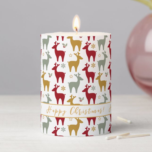 Red Christmas Reindeer Pattern#12 ID1009 Pillar Candle (In Situ)