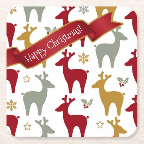 Red Christmas Reindeer Pattern12 ID1009 Square Paper Coaster