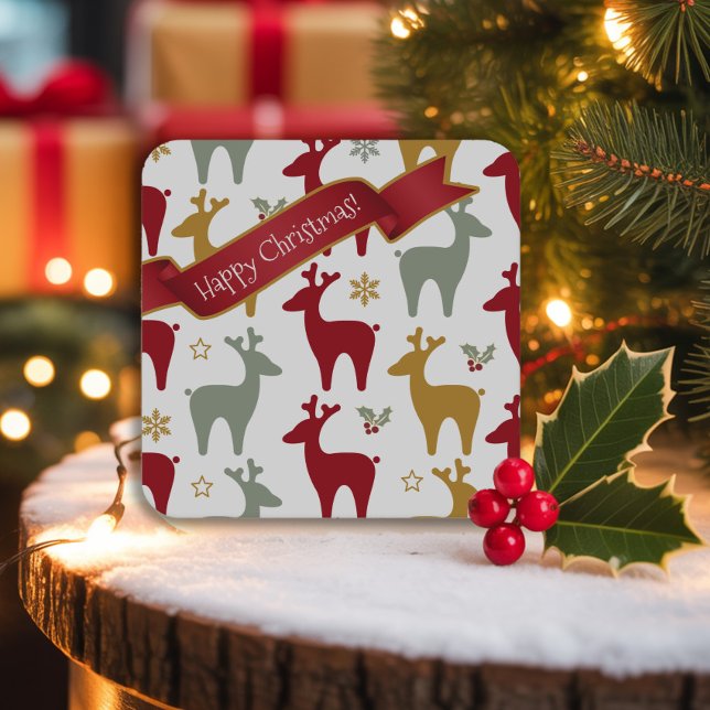 Red Christmas Reindeer Pattern#12 ID1009 Square Paper Coaster (Creator Uploaded)