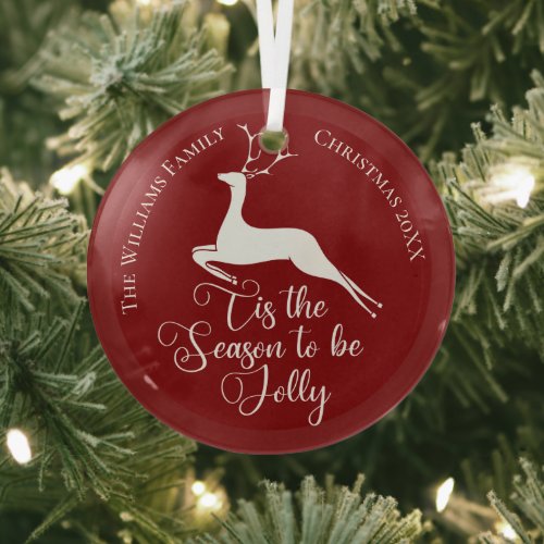 Red Christmas Reindeer Personalized Family Name Glass Ornament