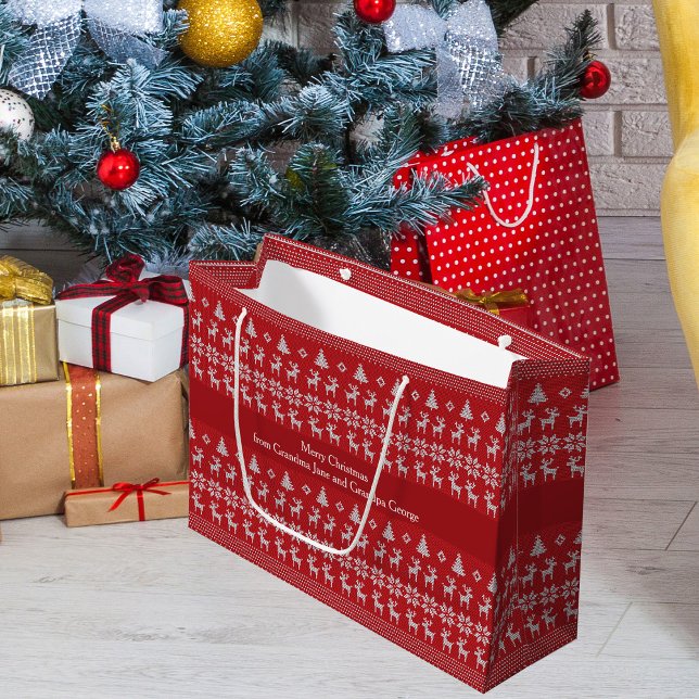Red Christmas Reindeer Personalized Retro Holiday Large Gift Bag (Creator Uploaded)