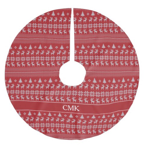 Red Christmas Reindeer Retro Holiday Monogram Brushed Polyester Tree Skirt