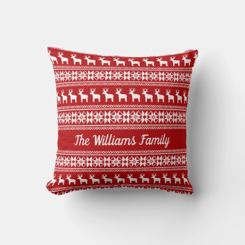 Red Christmas Reindeer Snowflake Cute Personalized Throw Pillow