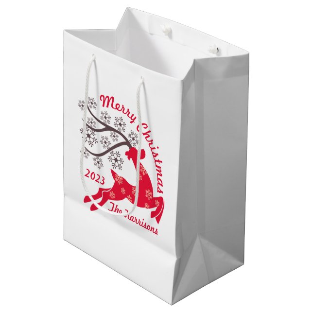 Red Christmas Reindeer Snowflake Name White Medium Gift Bag (Front Angled)