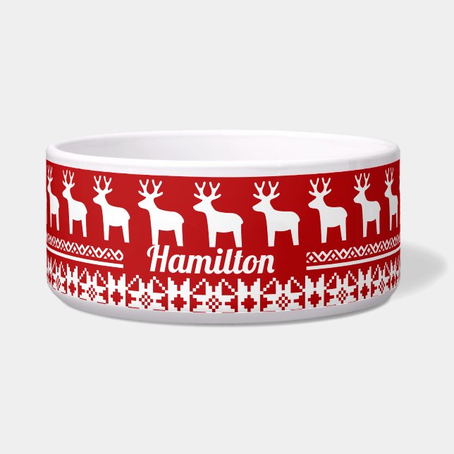 Red Christmas Reindeer Snowflake Pattern Monogram Bowl (Front)