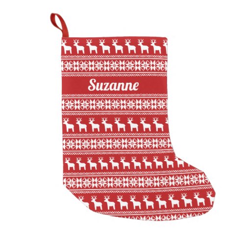 Red Christmas Reindeer Snowflake Pattern Monogram Small Christmas Stocking