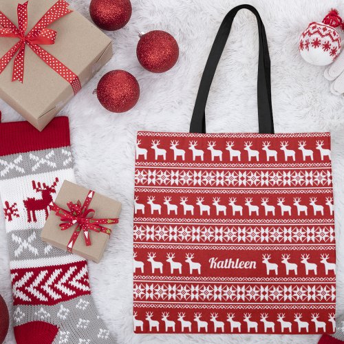 Red Christmas Reindeer Snowflake Pattern Monogram Tote Bag