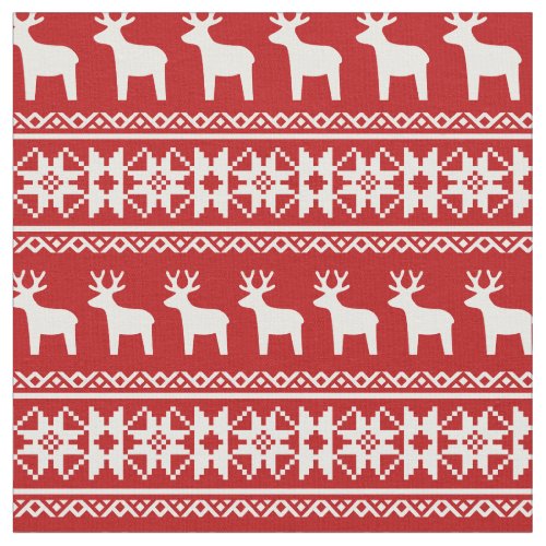 Red Christmas Reindeer Snowflake Pattern Retro Fabric