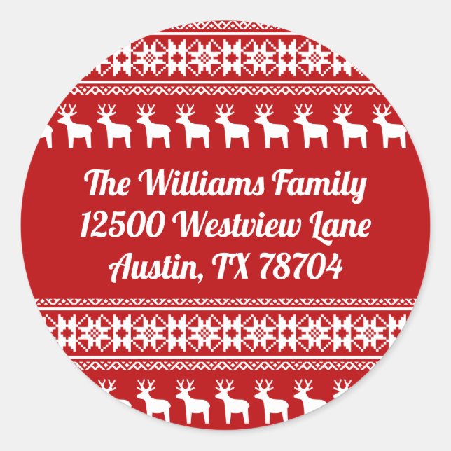 Red Christmas Reindeer Snowflake Return Address Classic Round Sticker (Front)