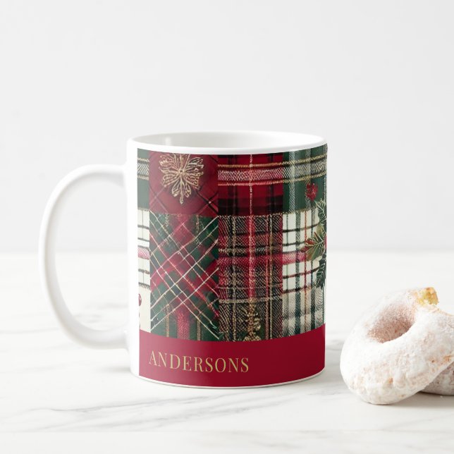 Red Christmas Rustic Plaid Tartan Pattern Coffee Mug (With Donut)