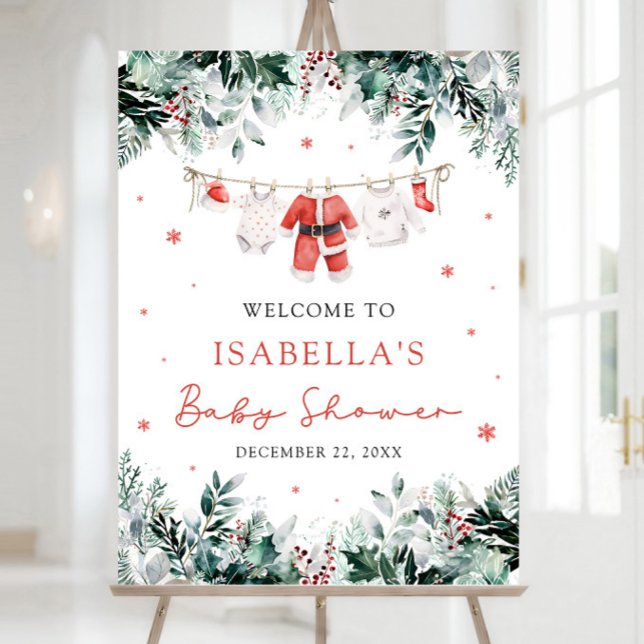 Red Christmas Santa Baby Baby Shower Welcome Sign (Watercolor Red Christmas Santa Baby Baby Shower Welcome Sign)