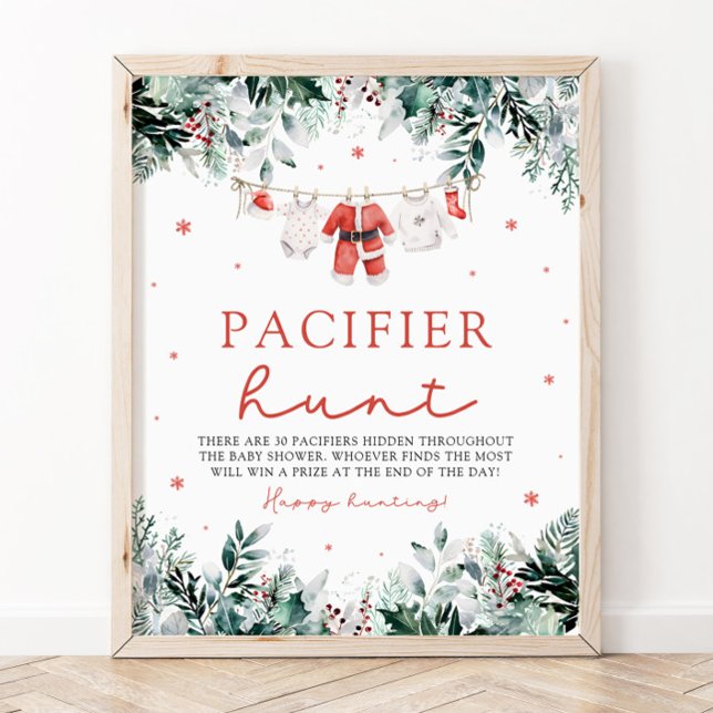 Red Christmas Santa Baby Pacifier Hunt Baby Shower Poster (Watercolor Red Christmas Santa Baby Pacifier Hunt Baby Shower Sign)