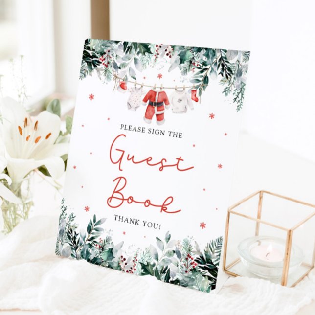 Red Christmas Santa Baby Shower Guest Book Sign (Watercolor Red Christmas Santa Baby Shower Guest Book Sign)