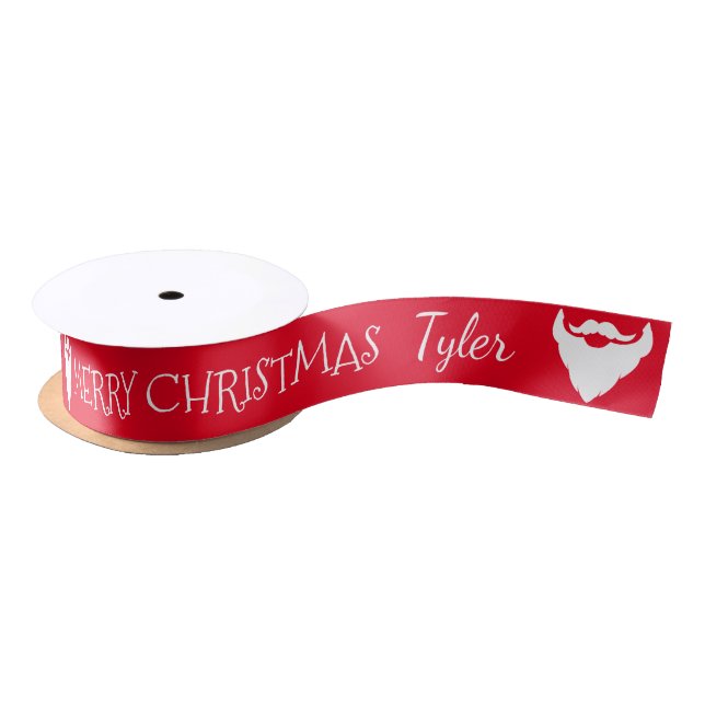 Red Christmas Santa beard personalized name ribbon (Spool)