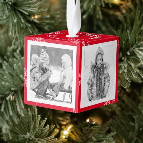 Red Christmas Snowflake and Black and White Photos Cube Ornament