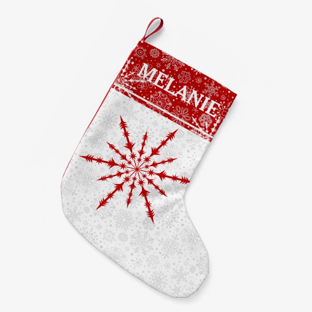 Red Christmas Snowflake Custom Monogram Small Christmas Stocking (Front (Hanging))