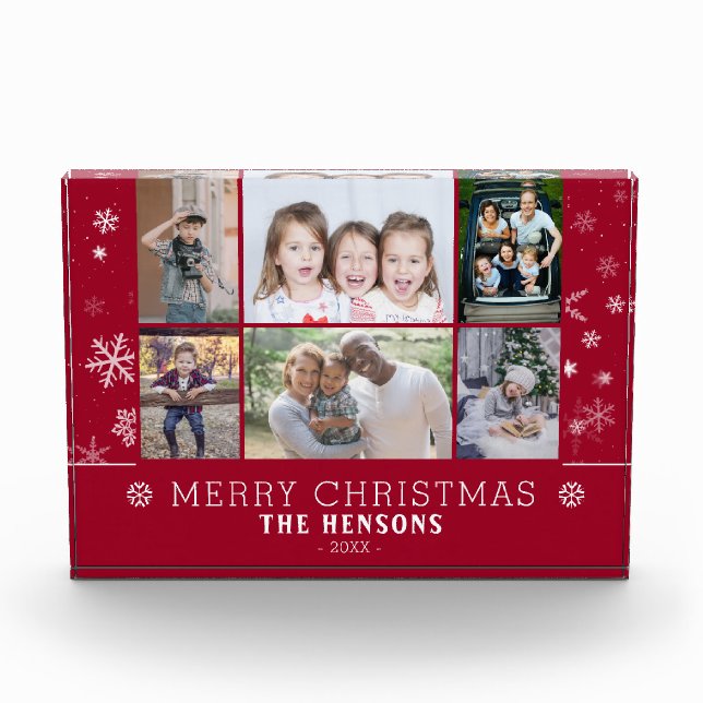 Red Christmas Snowflake Family 6 Photo Collage Block (Front)